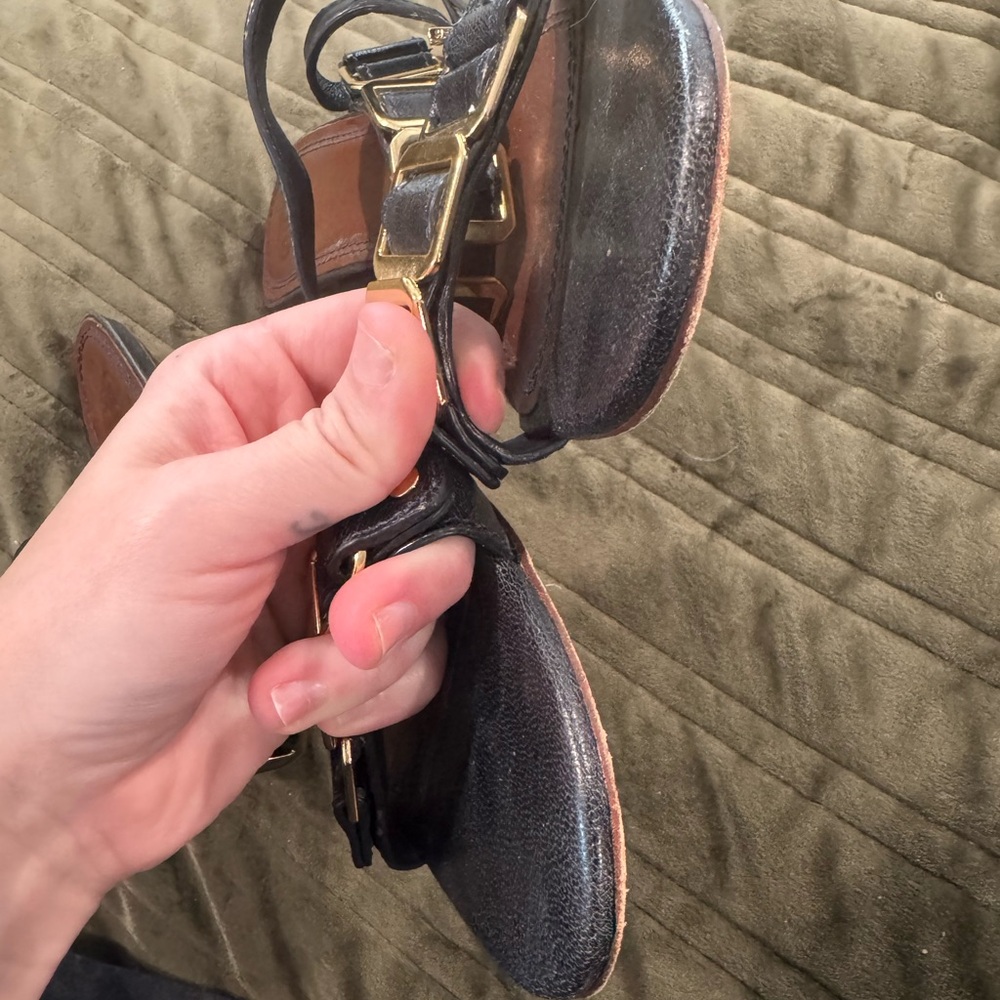 Tory Burch Black and Gold Leather Sandals - Picture 8 of 9